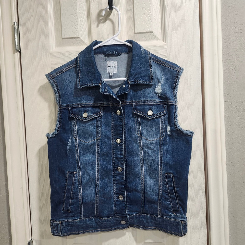 Kensie Jeans Womens Distressed Denim Vest Blue Sleeveless Frayed Jacket Size M